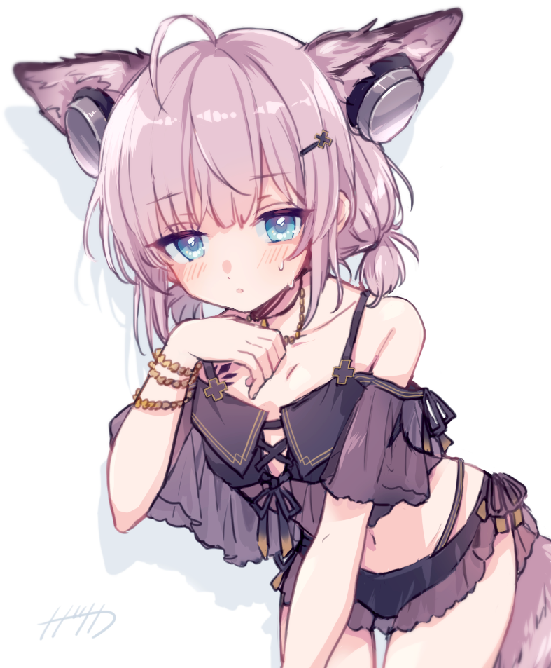1girl, :o, ahoge, animal_ears, arknights, bikini, black_bikini, blue_eyes