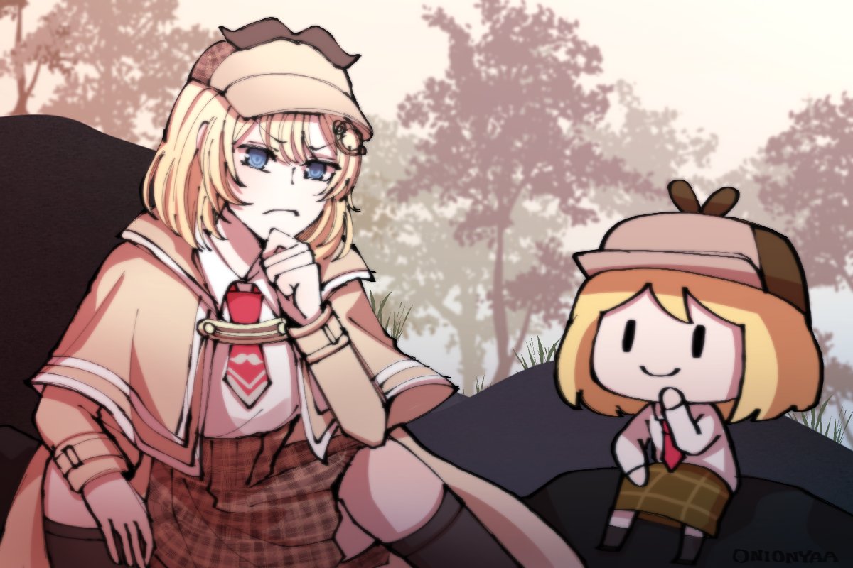 2girls, bangs, black_legwear, blonde_hair, blue_eyes, chibi, coat, eyebrows_visible_through_hair