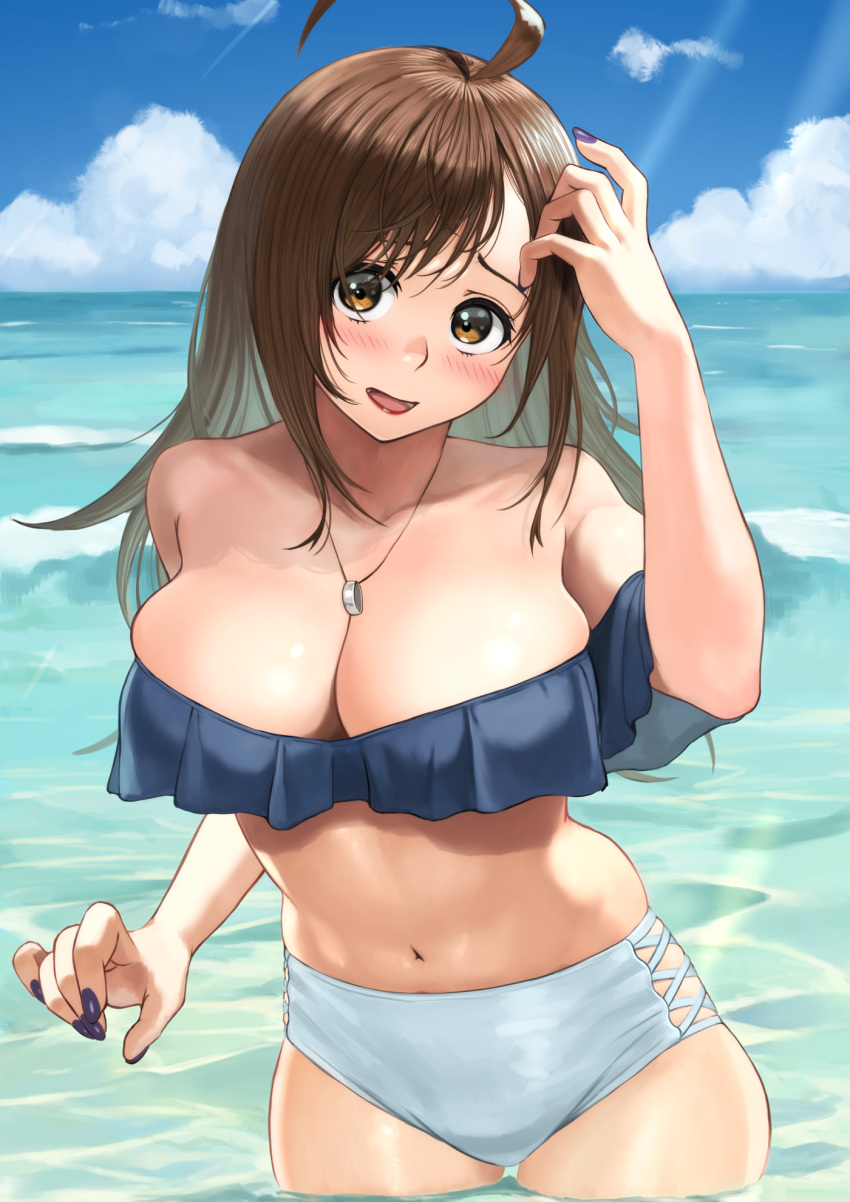 1girl, ahoge, bikini, brown_eyes, brown_hair, commentary_request, contemporary, day, highres, izawa_koushi, jewelry, kono_subarashii_sekai_ni_shukufuku_wo!, long_hair, nail_polish, navel, necklace, ocean, outdoors, partial_commentary, solo, strapless, strapless_bikini, swimsuit, wading, wiz_(konosuba)