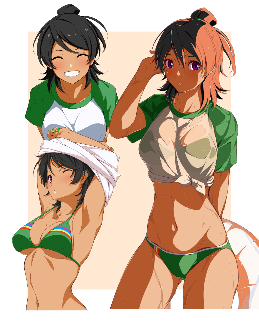 1girl, armpits, arms_up, beige_background, bikini, black_hair, blue_eyes, blush, border, breasts, clothes_lift, dark-skinned_female, dark_skin, folded_ponytail, green_bikini, green_nails, green_shirt, grin, groin, hand_in_hair, holding, holding_innertube, innertube, lifted_by_self, looking_at_viewer, medium_breasts, medium_hair, multiple_views, nail_polish, navel, no_pants, object_behind_back, one_eye_closed, original, outside_border, qwel_08, raglan_sleeves, shirt, shirt_lift, short_sleeves, smile, swimsuit, t-shirt, tied_shirt, undressing, wet, white_border