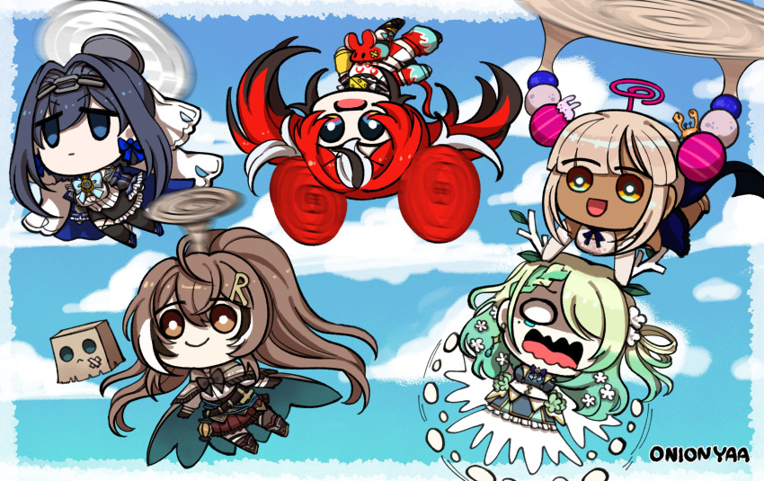 5girls, :d, bangs, black_hair, black_legwear, blue_eyes, braid, breasts