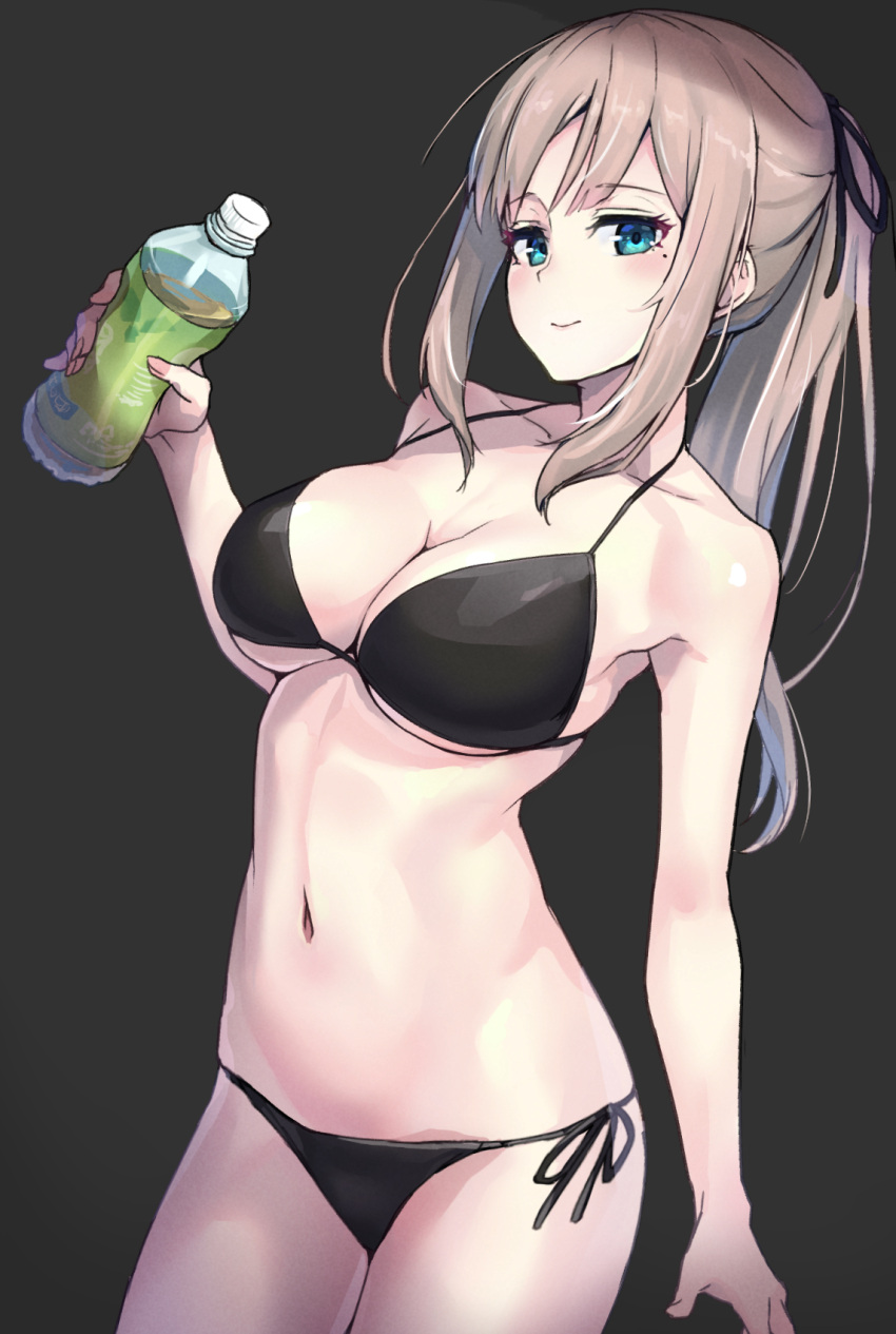 1girl, bangs, bikini, black_background, black_bikini, blonde_hair, blue_eyes, bottle