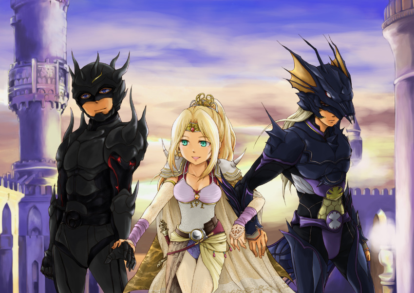 2boys, armor, belt, blonde_hair, blue_eyes, bridal_gauntlets, cain_highwind, cape, cecil_harvey, earrings, female, final_fantasy, final_fantasy_iv, hair_ornament, helmet, leotard, long_hair, male, pantyhose, pekamatu, ponytail, rosa_farrell, shoulder_pads, sky, sword, tiara