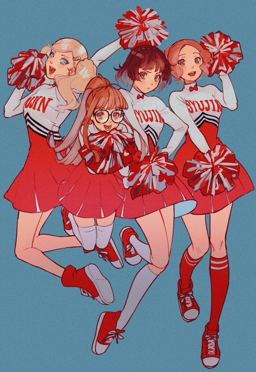 4girls, alternate_costume, alternate_hairstyle, bangs, blonde_hair, cheerleader, glasses, highres, kneehighs, multiple_girls, niijima_makoto, okumura_haru, persona, persona_5, pom_pom_(cheerleading), ponytail, sageo_yn, sakura_futaba, takamaki_anne, twintails