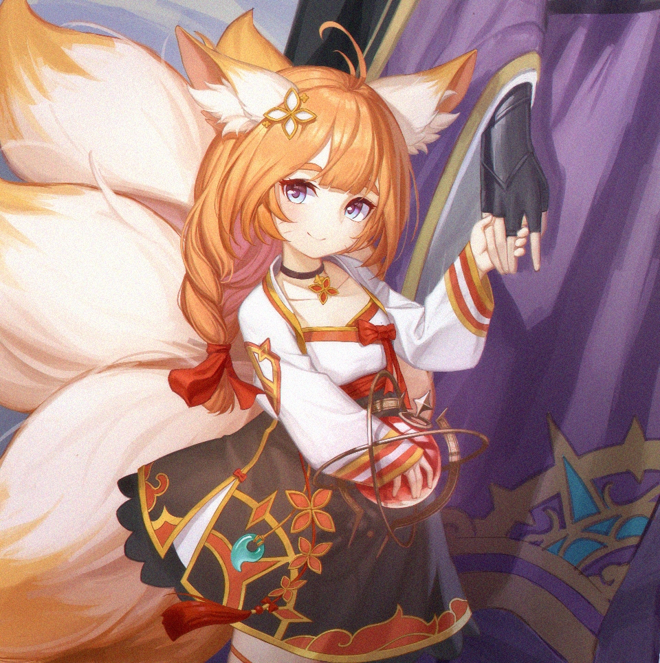ahoge, animal_ears, bangs, blue_eyes, collar, crossed_bangs, eight-tailed_fox_nari, eyebrows_visible_through_hair