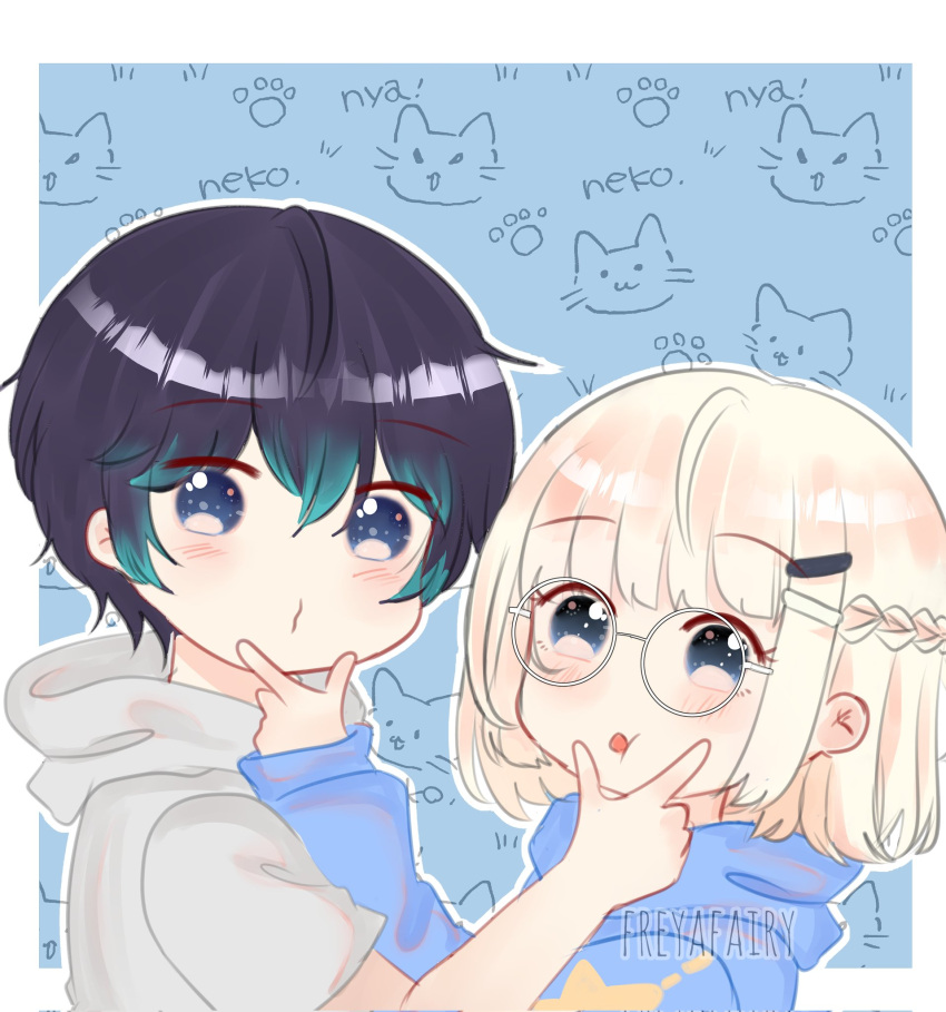 1boy, 1girl, acacia_leafs, alia_adelia, andi_adinata, black_hair, glasses, hair_ornament