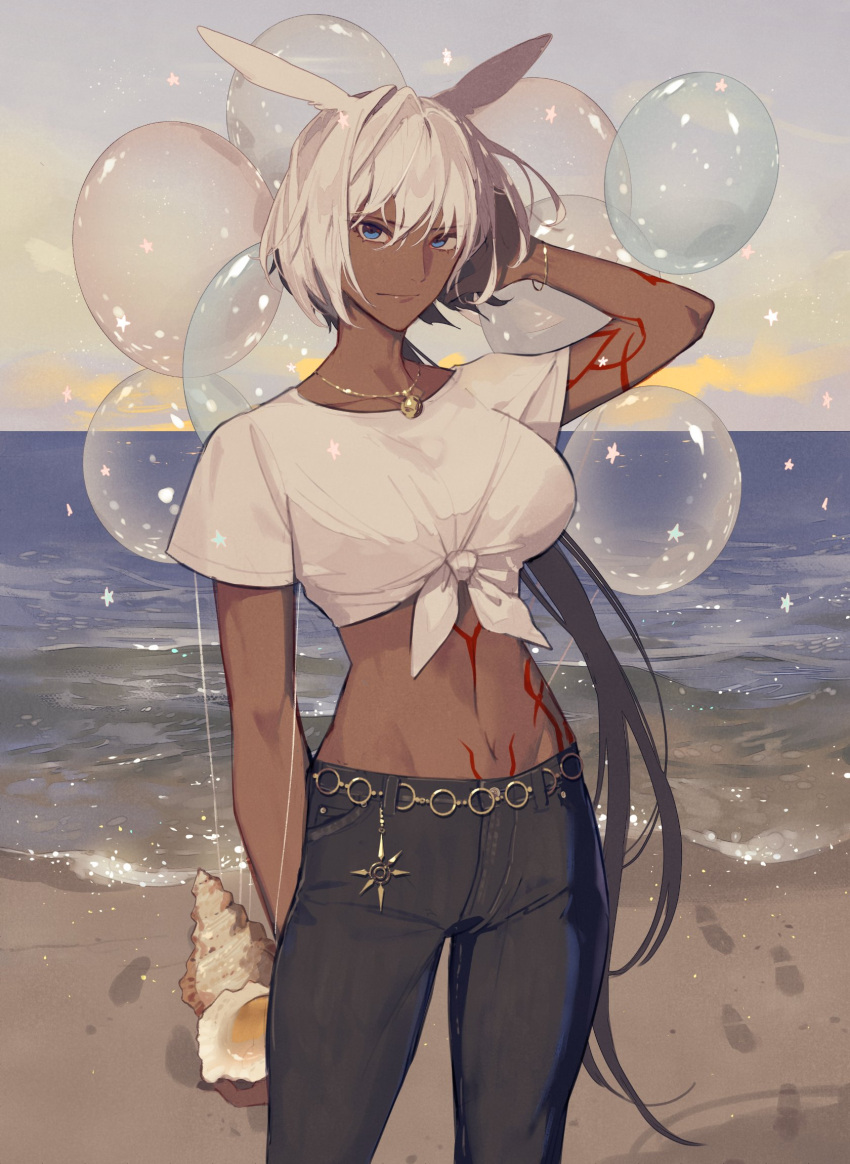 1girl, animal_ears, balloon, beach, blue_eyes, body_markings, bracelet, caenis_(fate)