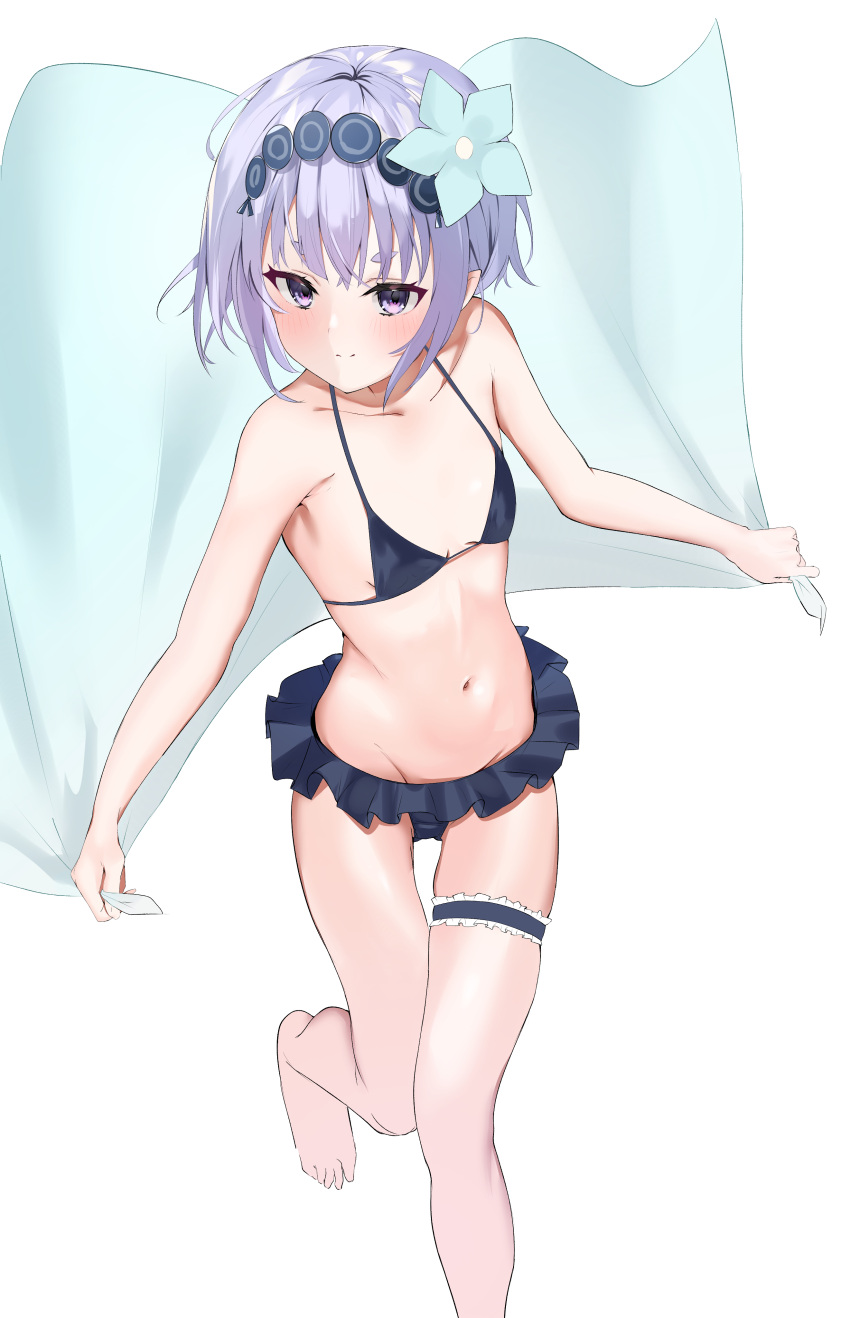1girl, absurdres, bare_shoulders, bikini, bikini_skirt, blue_bikini, blue_flower, blush