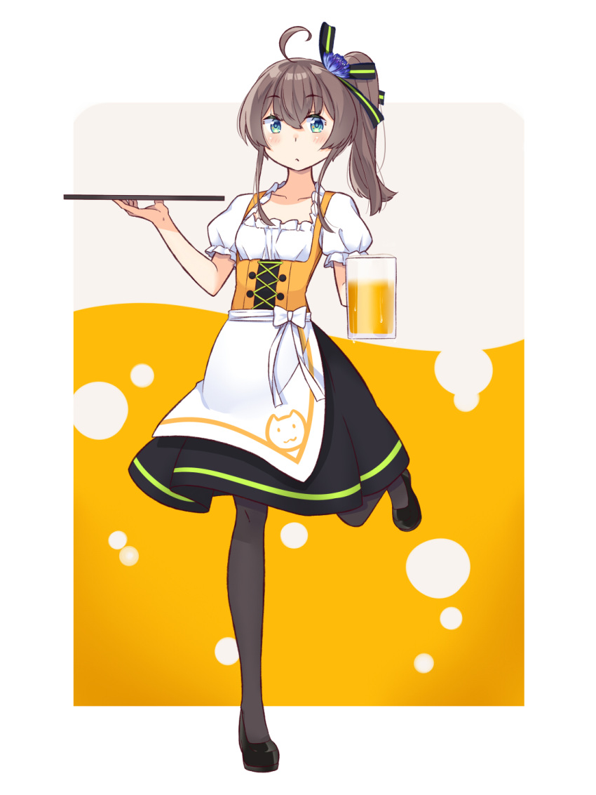 ahoge, alcohol, apron, aqua_eyes, bangs, beer, beer_mug, black_footwear