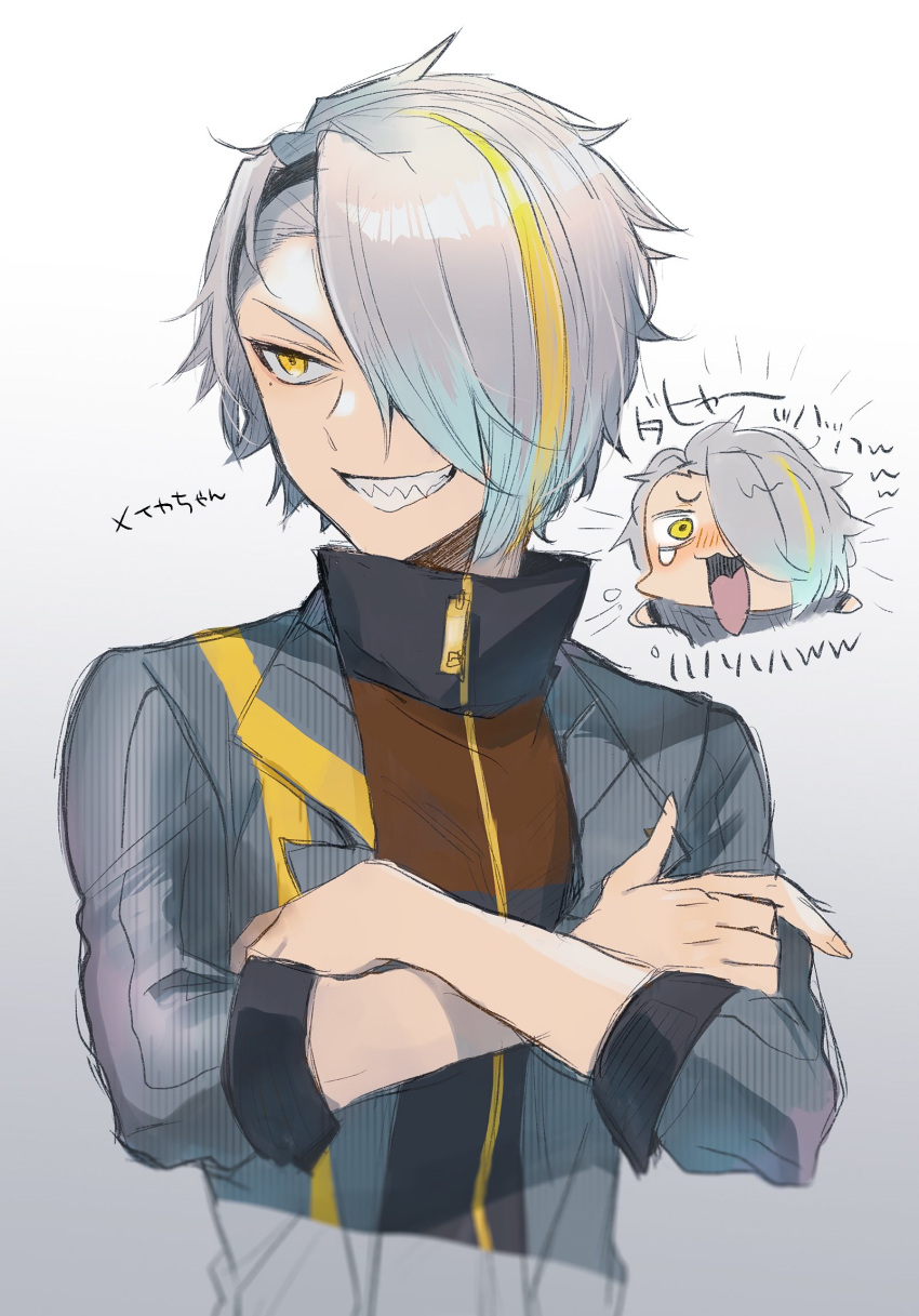 1boy, black_sweater, blonde_hair, blue_hair, blush, chamu_(zari_gani3), chibi, chibi_inset