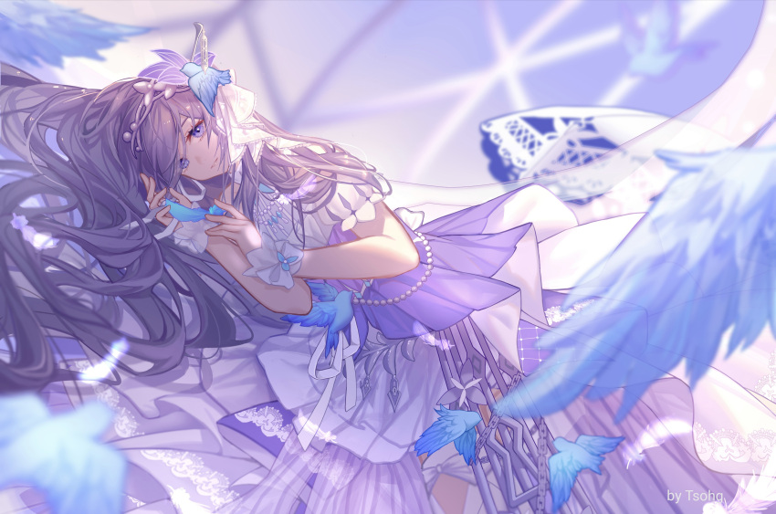 1girl, absurdres, bangs, black_hair, blue_bird, blue_eyes, bridal_veil, bride