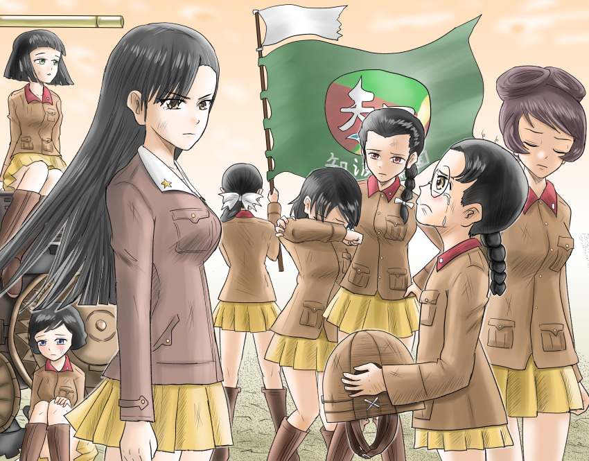 6+girls, absurdres, arm_around_shoulder, asymmetrical_bangs, bangs, black_eyes, black_hair, blunt_bangs