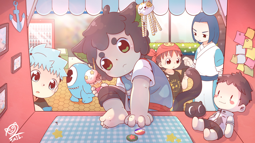 4boys, absurdres, animal_ears, barefoot, black_hair, board_game, cat_boy, cat_ears, cat_tail, character_request, child, chinese_chess, commentary, cub, doll, furry, furry_male, highres, looking_at_viewer, luoxiaohei, male_focus, monster, multiple_boys, outdoors, picture_(object), tail, the_legend_of_luo_xiaohei, wuxian_(the_legend_of_luoxiaohei), xiao_weiba