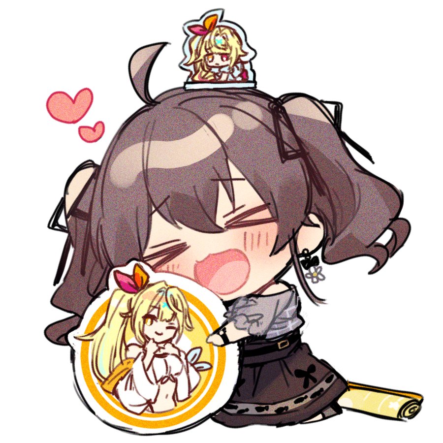 >_<, 1girl, :d, acrylic_standee, ahoge, bangs, black_ribbon, blonde_hair