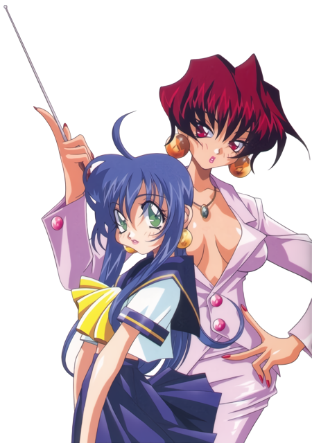 1990s_(style), 2girls, ahoge, bangs, blue_hair, blue_skirt, center_opening, green_eyes