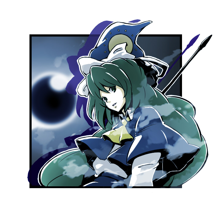 ascot, capelet, green_eyes, green_hair, hat, hat_ribbon, long_hair, mima