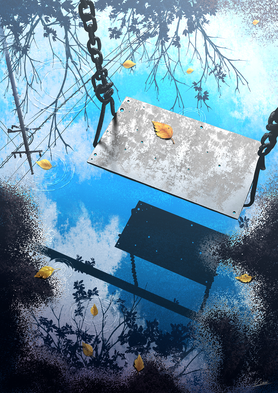 autumn_leaves, branch, chain, day, highres, leaf, no_humans, original