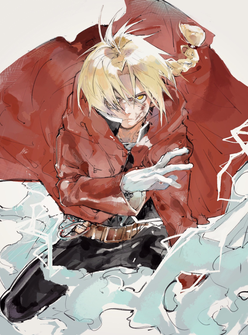 1boy, belt, black_pants, black_shirt, blonde_hair, blood, blood_on_face, braid