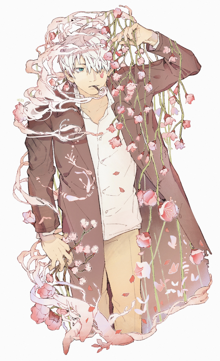 1boy, absurdres, branch, brown_jacket, brown_pants, cigarette, cowboy_shot, cropped_legs