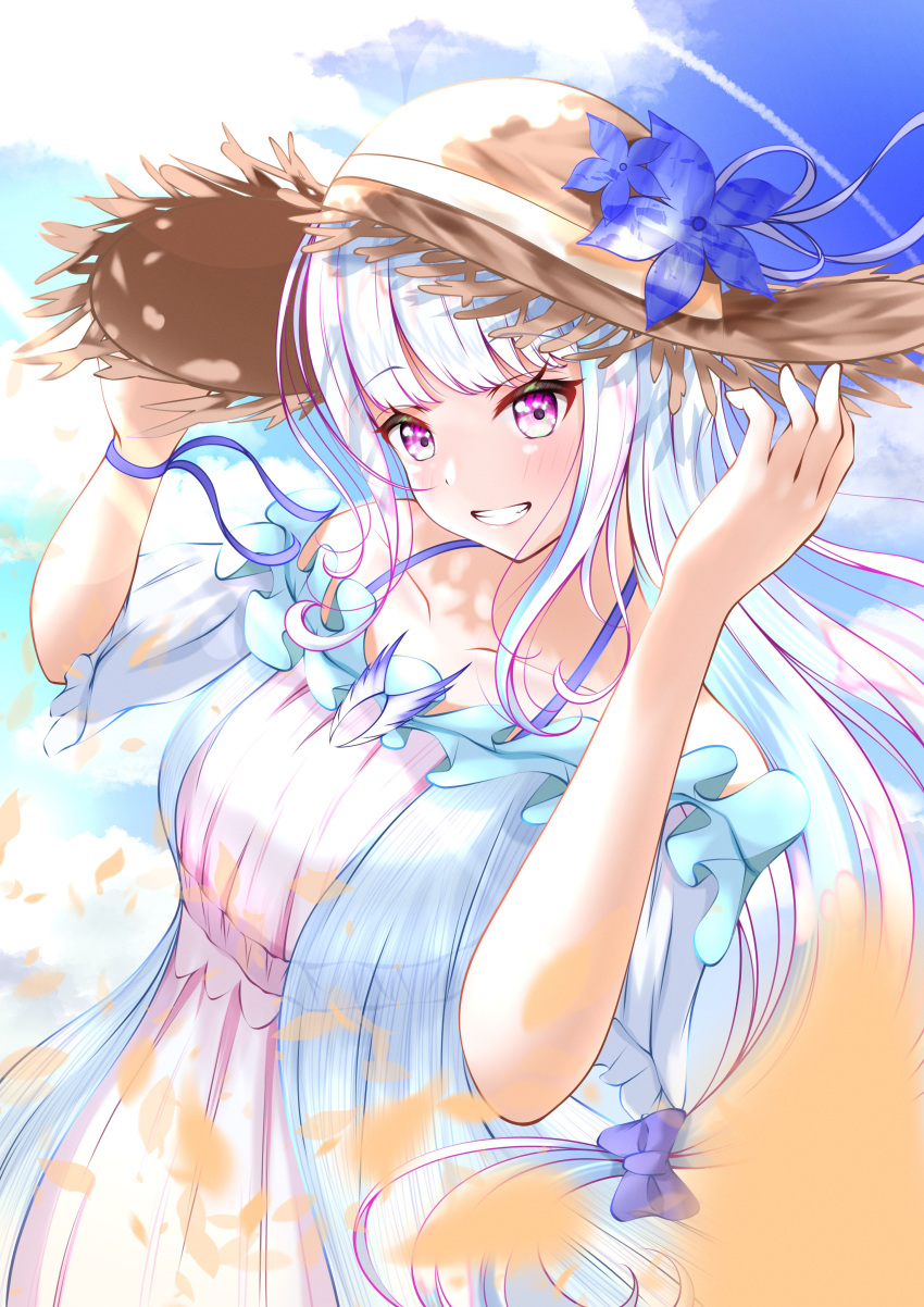1girl, absurdres, blue_flower, blue_ribbon, blush, brown_headwear, collarbone, day