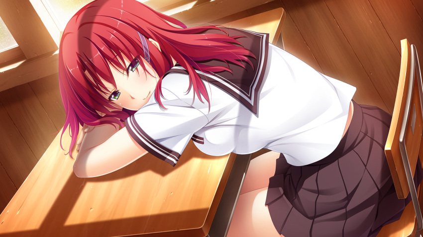 1girl, black_sailor_collar, black_skirt, breast_press, breasts, chair, classroom, closed_mouth