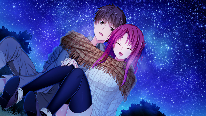 1boy, 1girl, :d, ^_^, blue_legwear, blue_ribbon, brown_eyes, brown_hair
