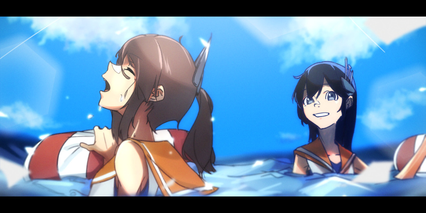 2girls, absurdres, black_hair, blue_sky, brown_hair, closed_eyes, clouds, day