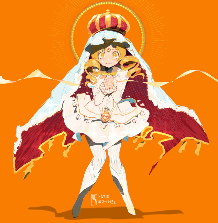1girl, absurdres, argyle, argyle_background, belt, blonde_hair, boots, circle, commentary_request, crown, crying, crying_with_eyes_open, dot_nose, drill_hair, full_body, fur-trimmed_sleeves, fur_trim, glint, hands_clasped, hands_up, highres, holy_mami, juliet_sleeves, knee_boots, knees_together_feet_apart, korean_commentary, leaning_forward, light_blush, light_rays, light_smile, long_sleeves, loose_belt, magia_record:_mahou_shoujo_madoka_magica_gaiden, mahou_shoujo_madoka_magica, neck_ribbon, orange_theme, own_hands_together, parted_lips, puffy_sleeves, ribbon, rok0813, sad, shade, shadow, shiny, shiny_hair, skirt, solo, standing, striped, striped_legwear, tears, thigh-highs, tomoe_mami, twin_drills, vertical-striped_legwear, vertical_stripes, white_belt, white_footwear, white_legwear, white_skirt, wide-eyed, yellow_eyes, yellow_ribbon, yellow_theme