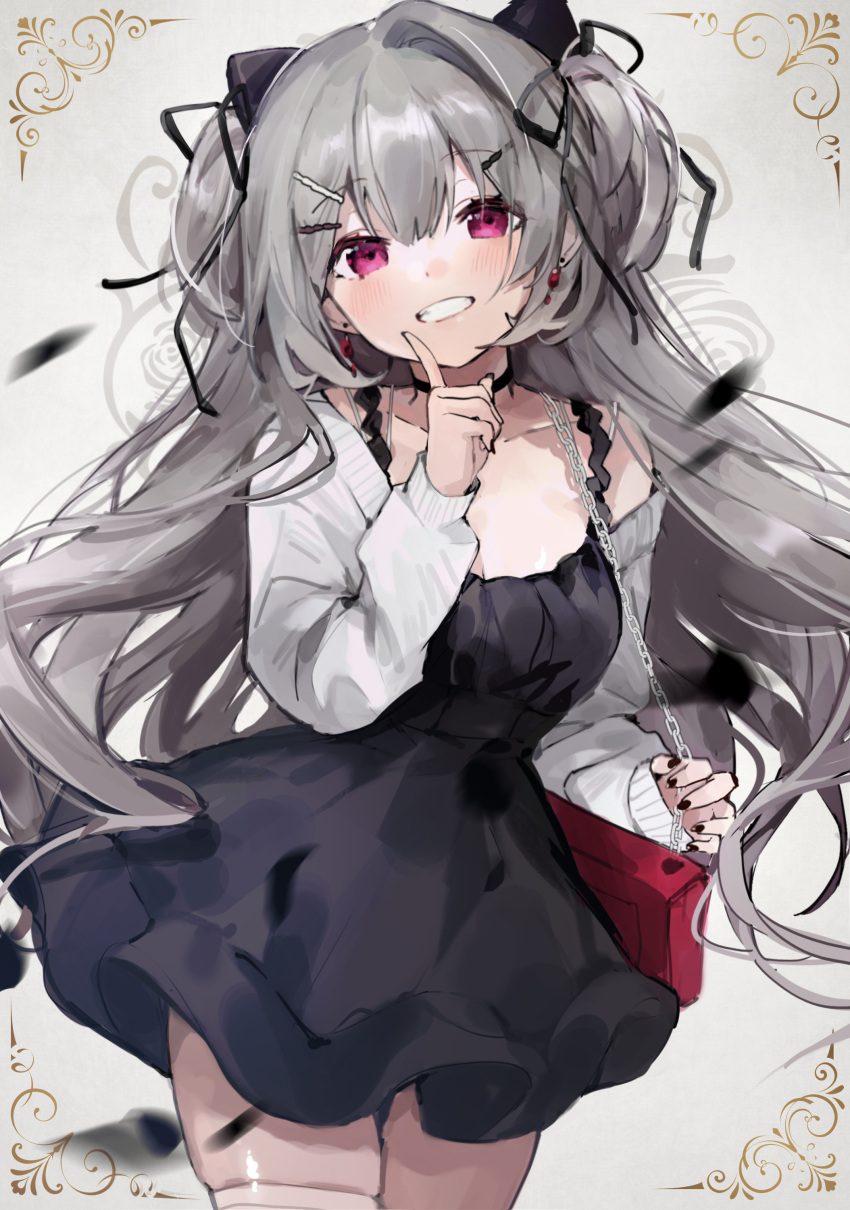 1girl, absurdres, alchemy_stars, alternate_costume, bag, bangs, black_dress, black_ribbon