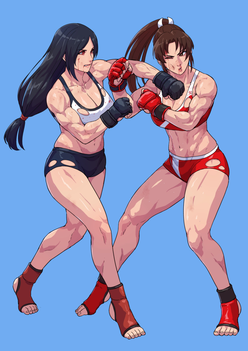 2girls, abs, absurdres, bangs, bare_shoulders, black_gloves, black_hair, black_shorts