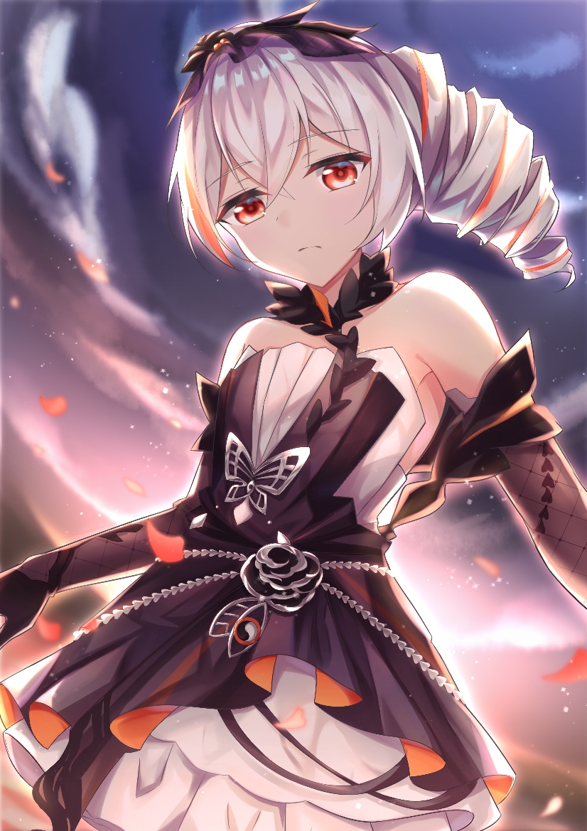1girl, bangs, black_dress, black_gloves, bronya_zaychik, bronya_zaychik_(black_nucleus), closed_mouth, clouds, cloudy_sky, dress, drill_hair, elbow_gloves, flat_chest, formal, gloves, grey_hair, hair_between_eyes, hair_ornament, honkai_(series), honkai_impact_3rd, ling_yin, looking_at_viewer, multicolored_hair, petals, red_eyes, sky, solo, streaked_hair, sunset