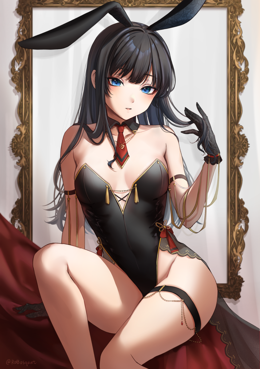 1girl, animal_ears, arm_support, armband, bare_shoulders, black_gloves, blue_eyes, blush