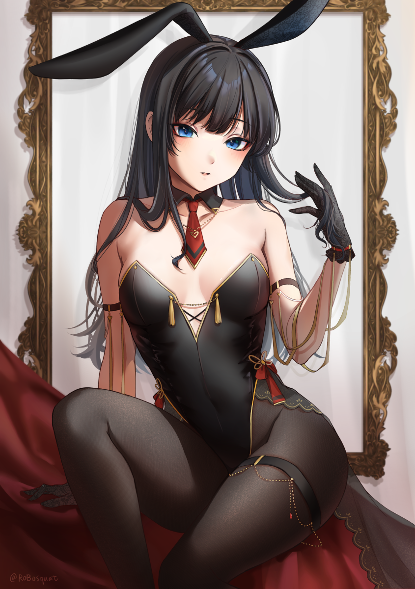 1girl, animal_ears, arm_support, armband, bare_shoulders, black_gloves, blue_eyes, blush