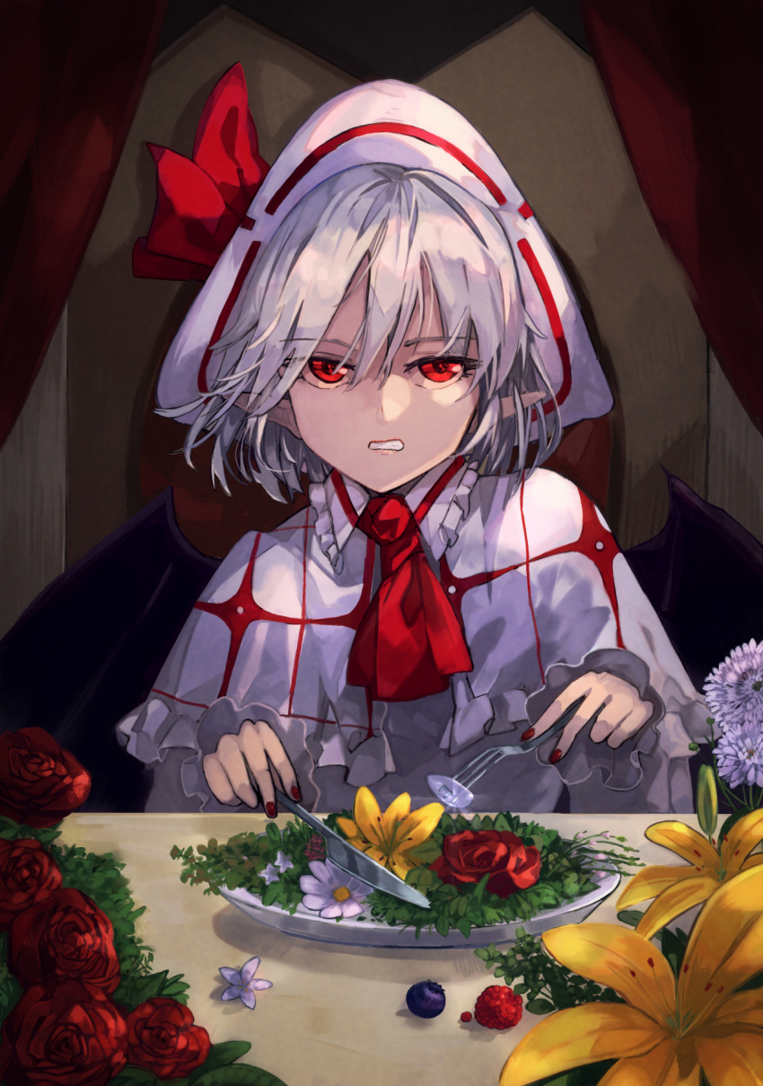 1girl, ascot, bat_wings, blueberry, capelet, chrysanthemum, clenched_teeth, commentary_request