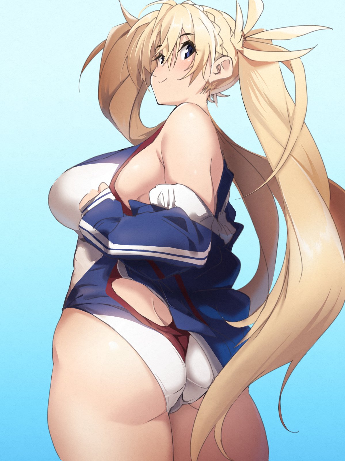 1girl, ass, bangs, bare_shoulders, blonde_hair, blue_eyes, blush, bradamante_(fate)