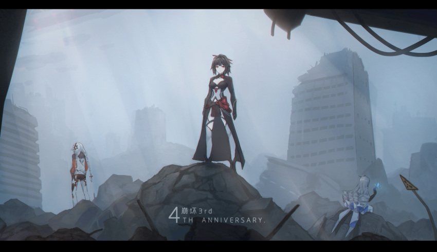 3girls, back, bangs, black_cape, black_gloves, bronya_zaychik, bronya_zaychik_(herrscher_of_reason), cape, city, drill_hair, elbow_gloves, gloves, grey_hair, grey_sky, hair_between_eyes, highres, honkai_(series), honkai_impact_3rd, jacket, kiana_kaslana, kiana_kaslana_(white_comet), lantian_lanz, long_hair, long_sleeves, looking_at_viewer, multiple_girls, outdoors, purple_hair, raiden_mei, raiden_mei_(danzai_spectramancer), rubble, signpost, sitting, standing, thigh-highs, twin_drills, twintails, violet_eyes, white_hair, white_legwear