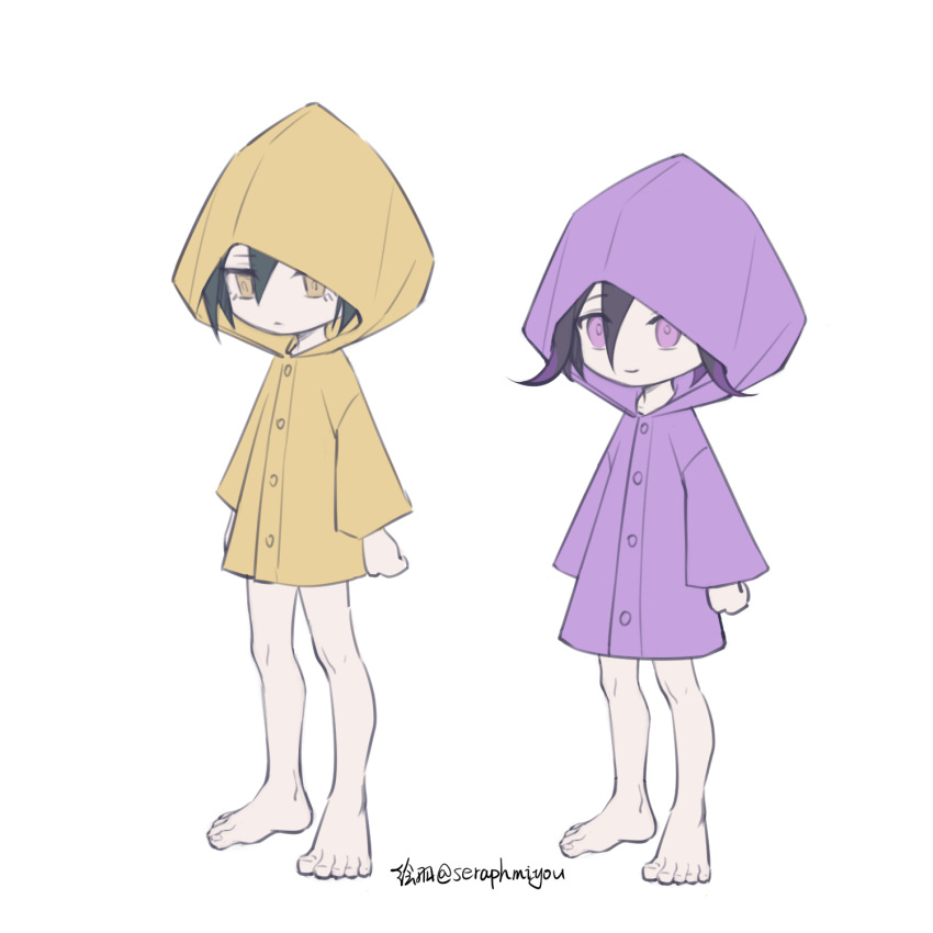 alternate_costume, artist_name, bangs, barefoot, black_hair, brown_eyes, closed_mouth, commentary_request