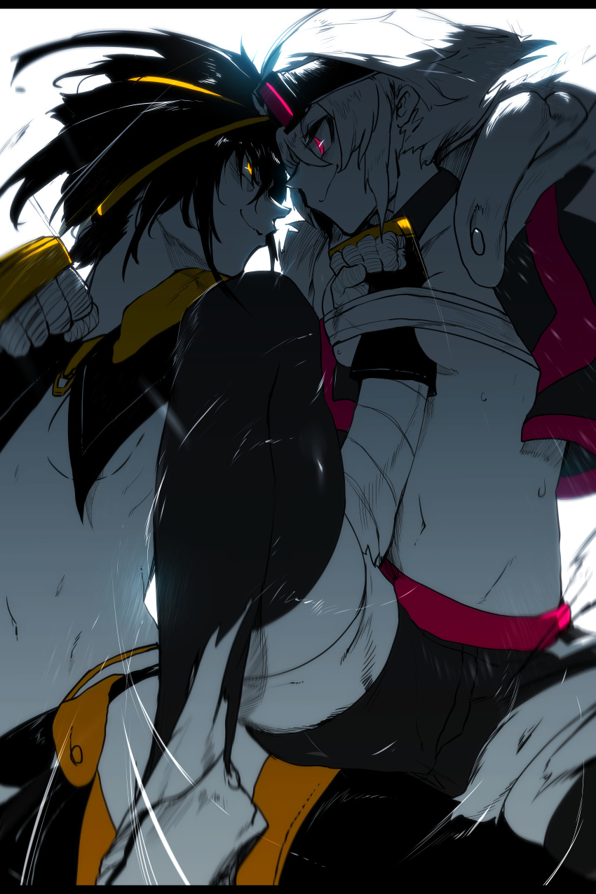 2girls, absurdres, arm_between_breasts, bandeau, between_breasts, breasts, closed_mouth, fighting, fingerless_gloves, from_side, gloves, glowing, glowing_eyes, goggles, goggles_on_head, hayabusa_(niwarhythm), highres, multiple_girls, navel, niwamaru_(niwarhythm), niwarhythm, original, pink_eyes, profile, short_shorts, shorts, small_breasts, smile, strapless, sweat, thigh-highs, torn_clothes, torn_legwear, tubetop, yellow_eyes