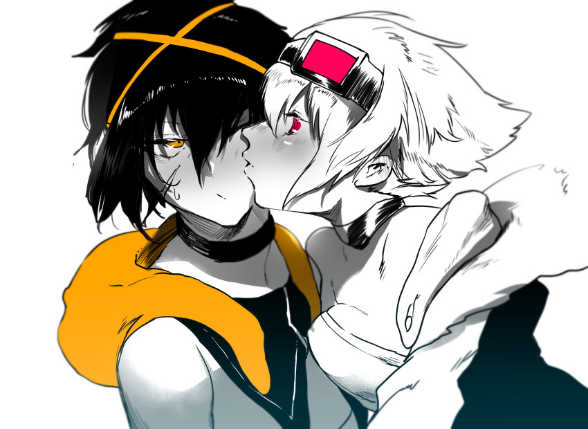 2girls, absurdres, bandeau, black_hair, blush, breast_press, breasts, choker