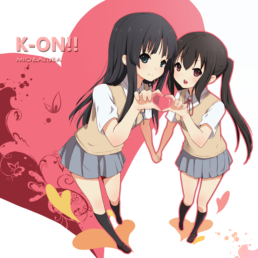 akiyama_mio, black_hair, blue_eyes, hand_holding, heart, heart_hands, heart_hands_duo, hime_cut