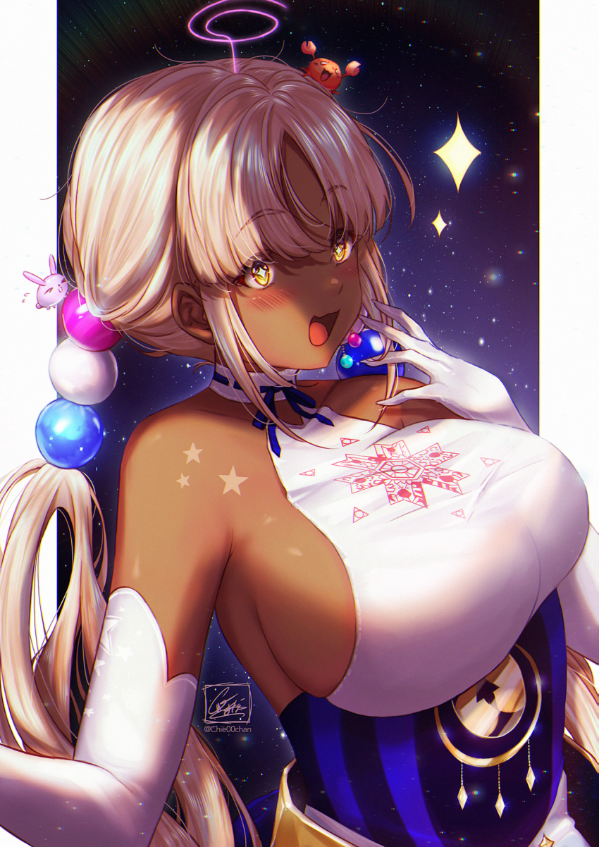 1girl, breasts, chie00chan, crab_on_head, dark-skinned_female, dark_skin, elbow_gloves, gloves, highres, hololive, hololive_english, large_breasts, long_hair, low_twintails, sideboob, signature, sleeveless, space, sparkling_eyes, tsukumo_sana, twintails, twitter_username, virtual_youtuber