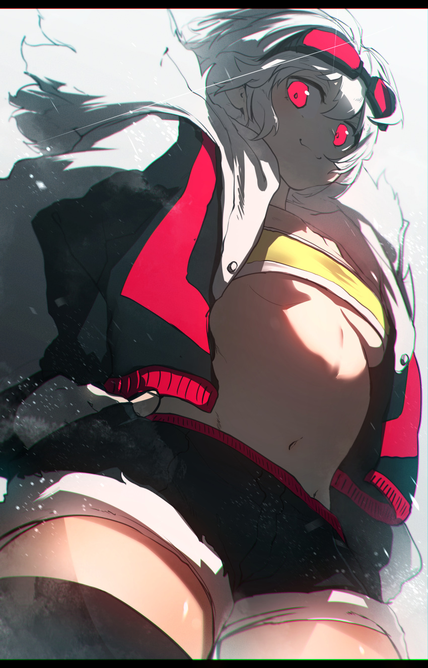 1girl, absurdres, bandeau, black_jacket, black_legwear, bra, breasts, cowboy_shot