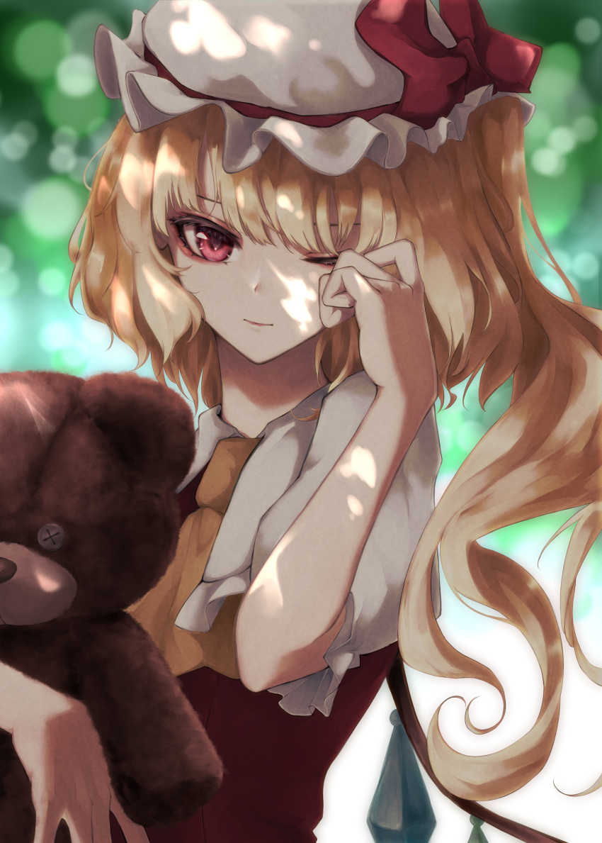 1girl, absurdres, ascot, bangs, blonde_hair, blurry, blurry_background, bokeh