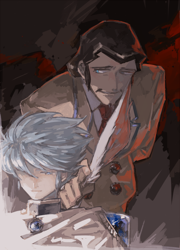 2boys, arm_behind_back, beard, beige_jacket, big_fire, black_hair, blue_eyes, commentary_request, facial_hair, feather_fan, formal, giant_robo, grey_background, grey_hair, hand_fan, holding, holding_fan, kan_(punsukapun), multiple_boys, mustache, necktie, red_neckwear, shirt, shokatsu_koumei_(giant_robo), short_hair, suit, white_shirt