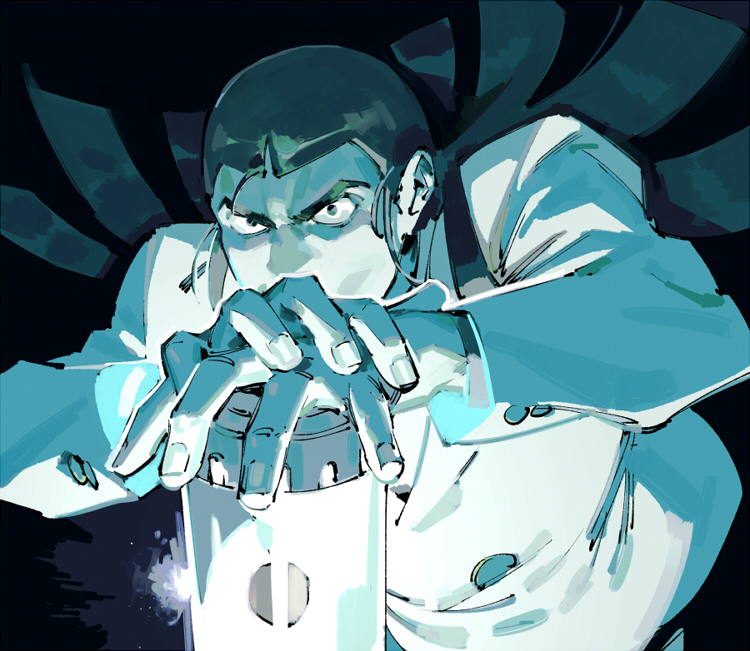 1boy, black_background, black_hair, blunt_ends, commentary_request, genya_(giant_robo), giant_robo, glowing