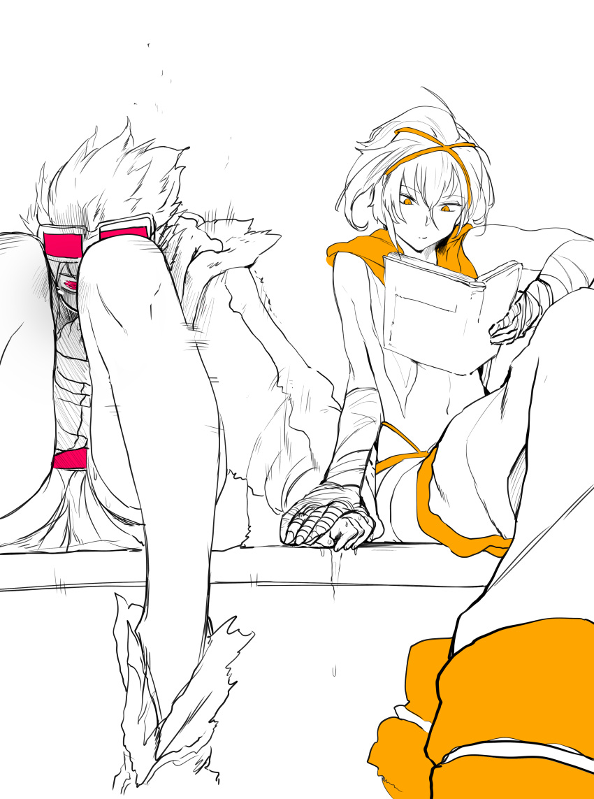 2girls, absurdres, bandaged_arm, bandages, book, closed_mouth, embarrassed, goggles