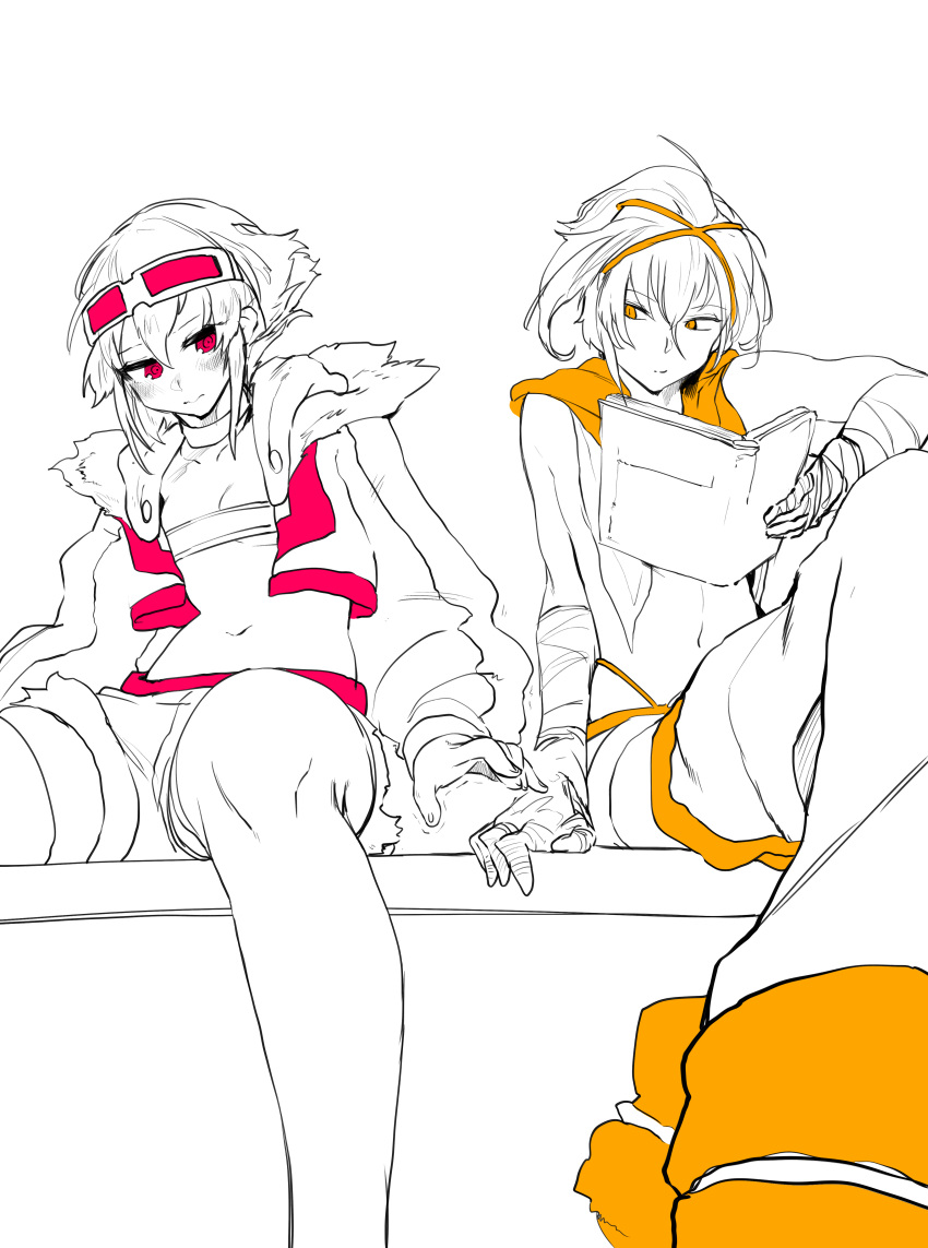 2girls, absurdres, bandaged_arm, bandages, bandeau, blush, book, choker