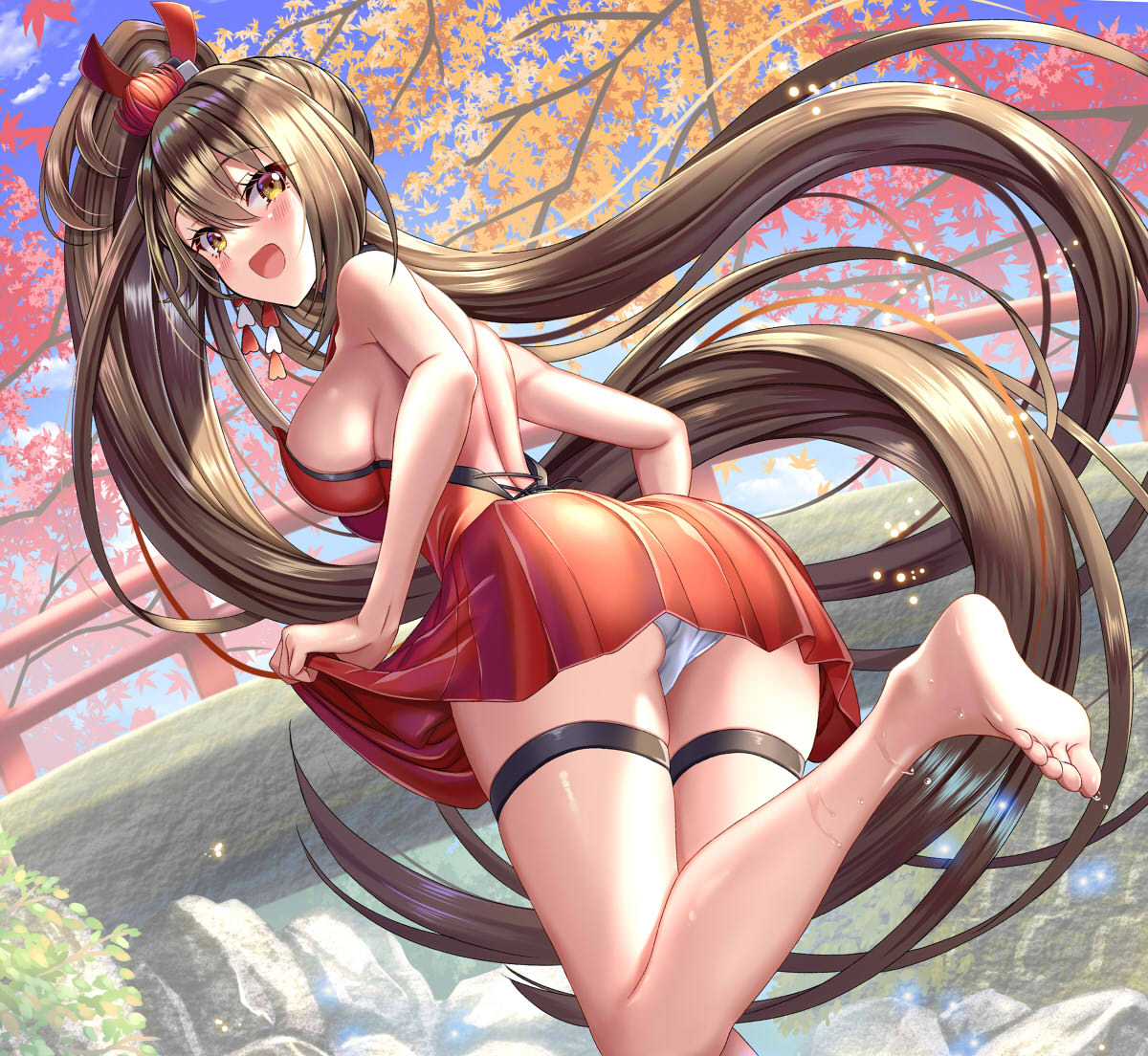 1girl, absurdly_long_hair, ass, autumn_leaves, azur_lane, backless_dress, backless_outfit, barefoot, breasts, bridge, brown_hair, dress, eyebrows_visible_through_hair, flower, from_behind, hair_between_eyes, hair_ornament, large_breasts, long_hair, looking_at_viewer, looking_back, open_mouth, outdoors, panties, red_dress, red_flower, short_dress, soles, solo, thigh_strap, toes, underwear, very_long_hair, violetshit, white_panties, yellow_eyes, zuikaku_(azur_lane)