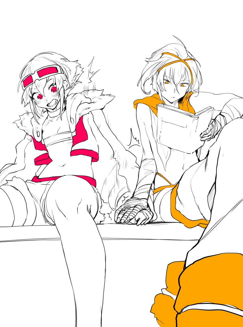 2girls, ^^^, absurdres, bandaged_arm, bandages, bandeau, book, choker