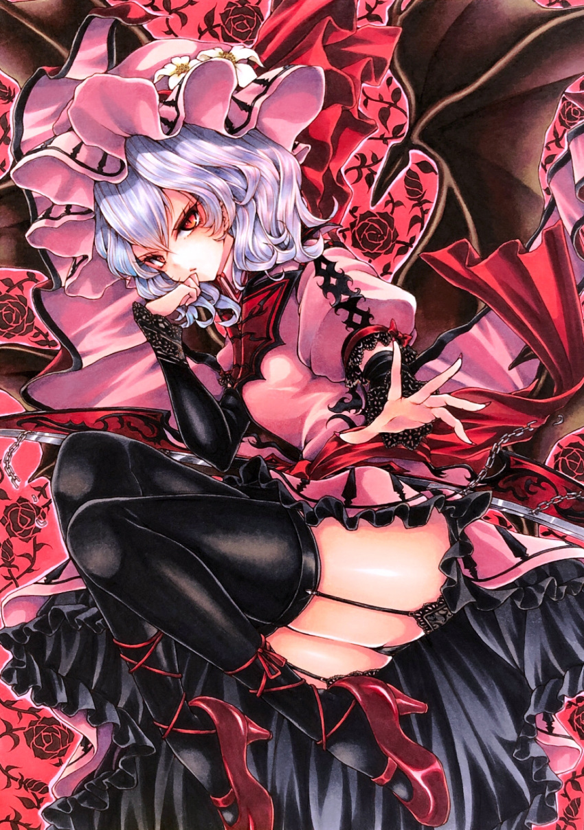 1girl, adapted_costume, ass, bat_wings, black_legwear, black_panties, chain, commentary_request